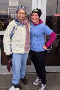 My mom and me at the finish line of the Turkey Trot 5K in 14 degrees.