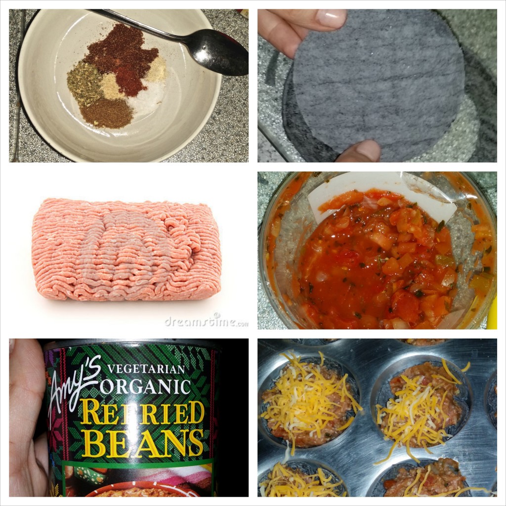 Taco seasoning - we made our own.  See those ingredients on the bottom of the page. blue corn tortillas, lean ground turkey, salsa, refried beans and shredded cheese (we shredded our own).